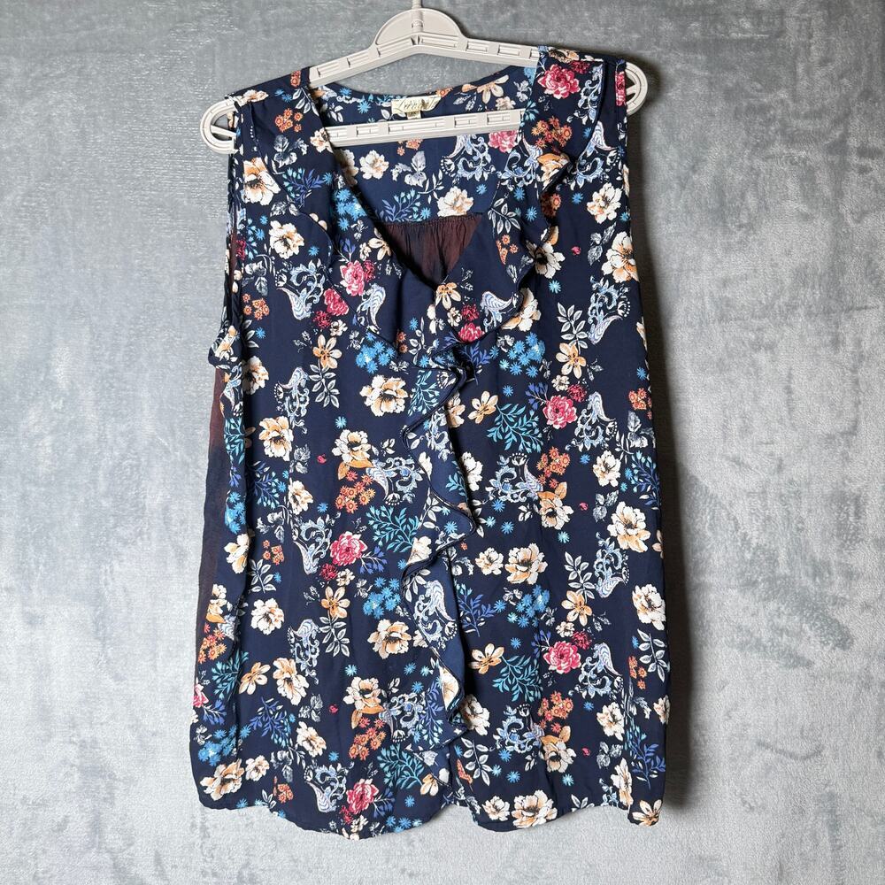 Floral Ruffle Front Sleeveless Blouse Womens Navy Boho Chiffon Tank Top